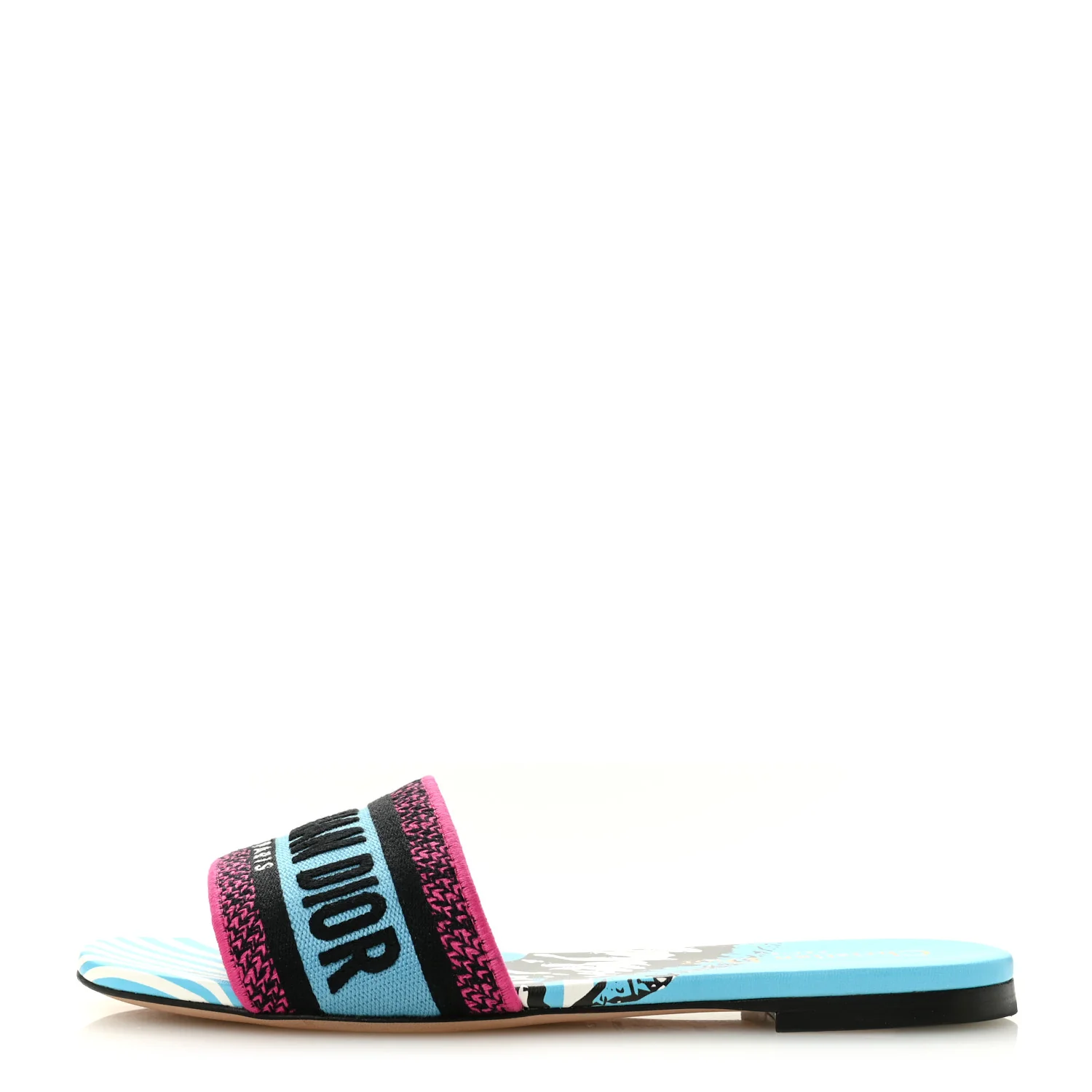 Canvas D-Jungle Pop Embroidered Dway Flat Slide Sandals 37 Bright Blue Pink Multicolor