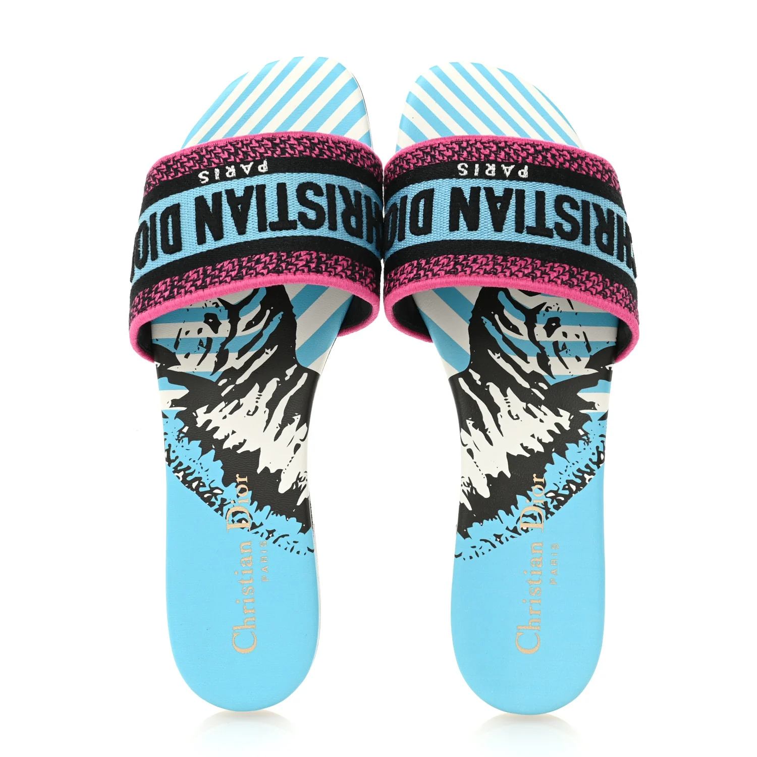 Canvas D-Jungle Pop Embroidered Dway Flat Slide Sandals 37 Bright Blue Pink Multicolor - Image 2