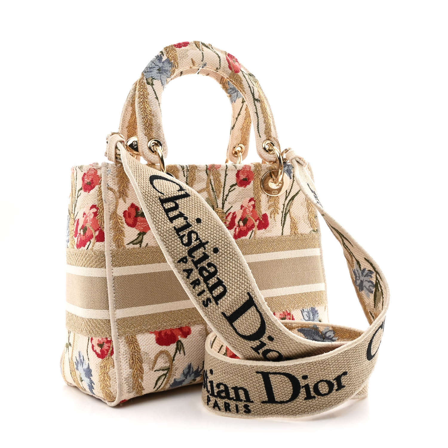 Canvas Embroidered Hibiscus Printed Medium Lady D-Lite Beige Multicolor - Image 3