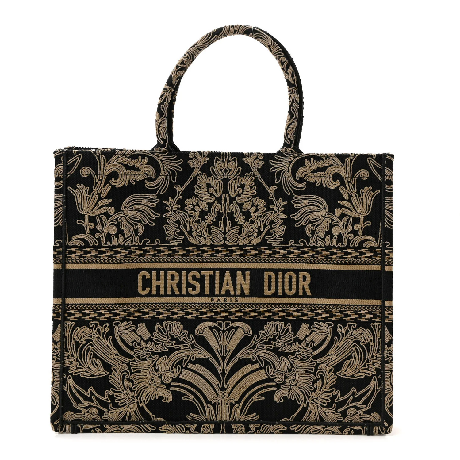 Canvas Embroidered Large Ornamental Cornely Effect Book Tote Black Beige