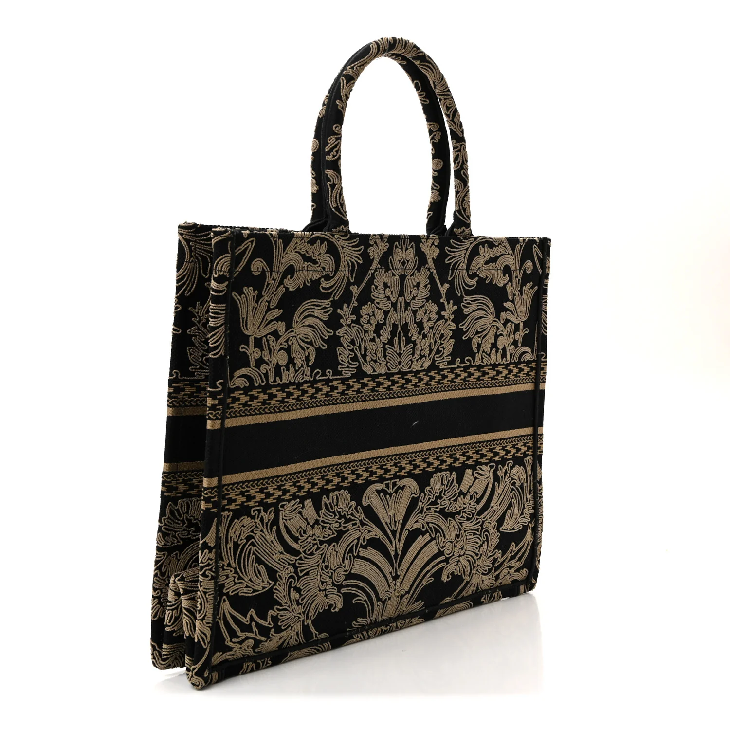 Canvas Embroidered Large Ornamental Cornely Effect Book Tote Black Beige - Image 4
