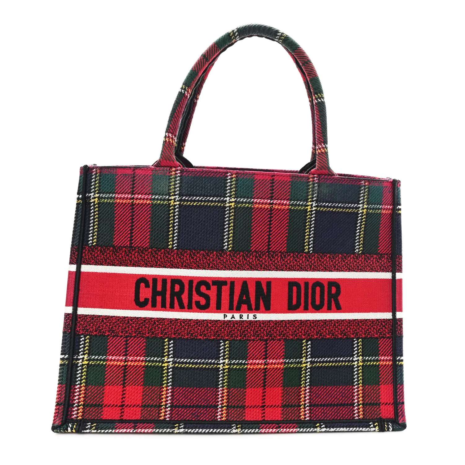 Canvas Embroidered Medium Tartan Check Book Tote Red Multicolor