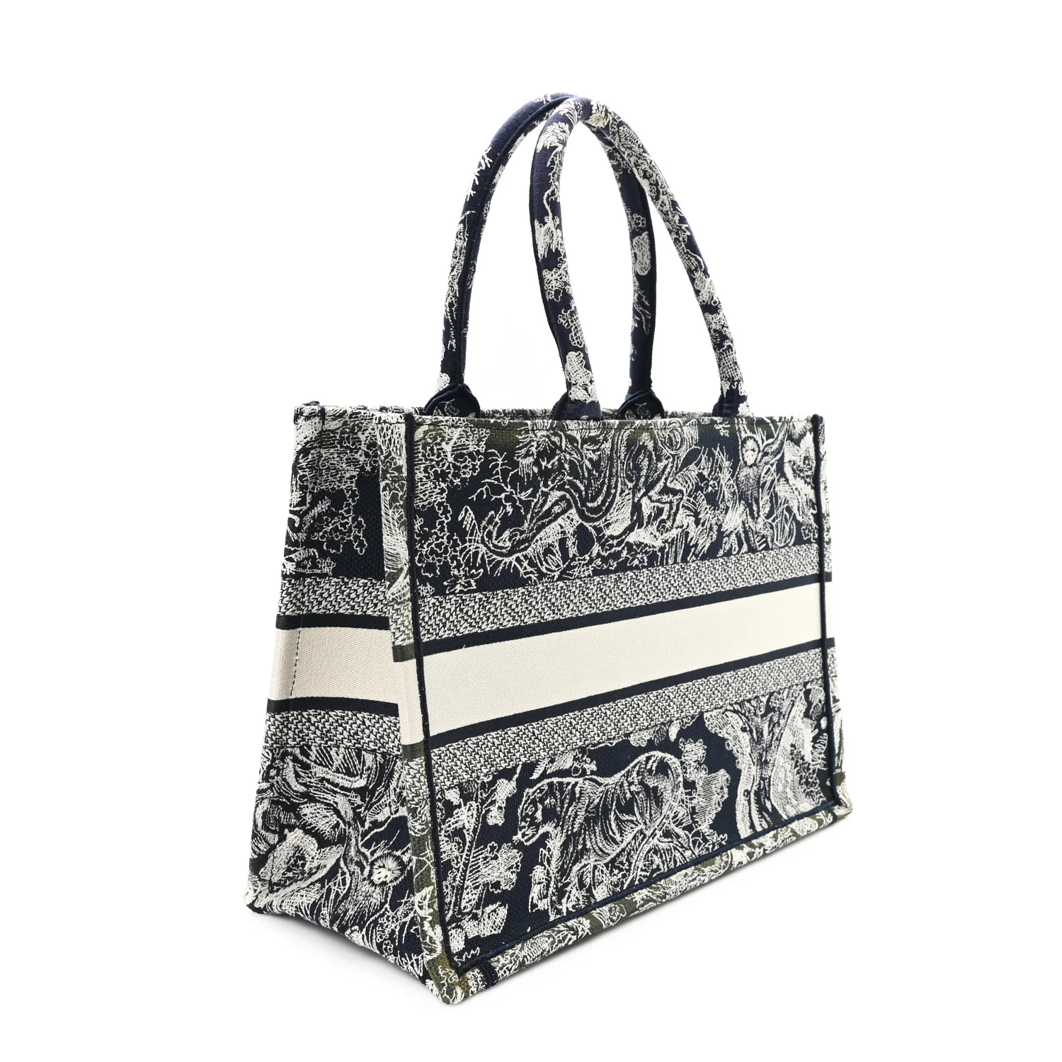 Canvas Embroidered Medium Toile De Jouy Reverse Book Tote Blue Green - Image 2