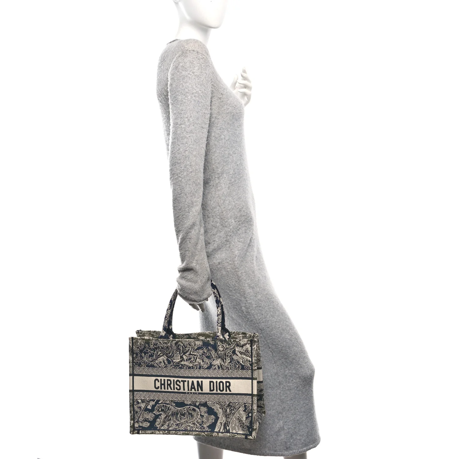Canvas Embroidered Medium Toile De Jouy Reverse Book Tote Blue Green - Image 3