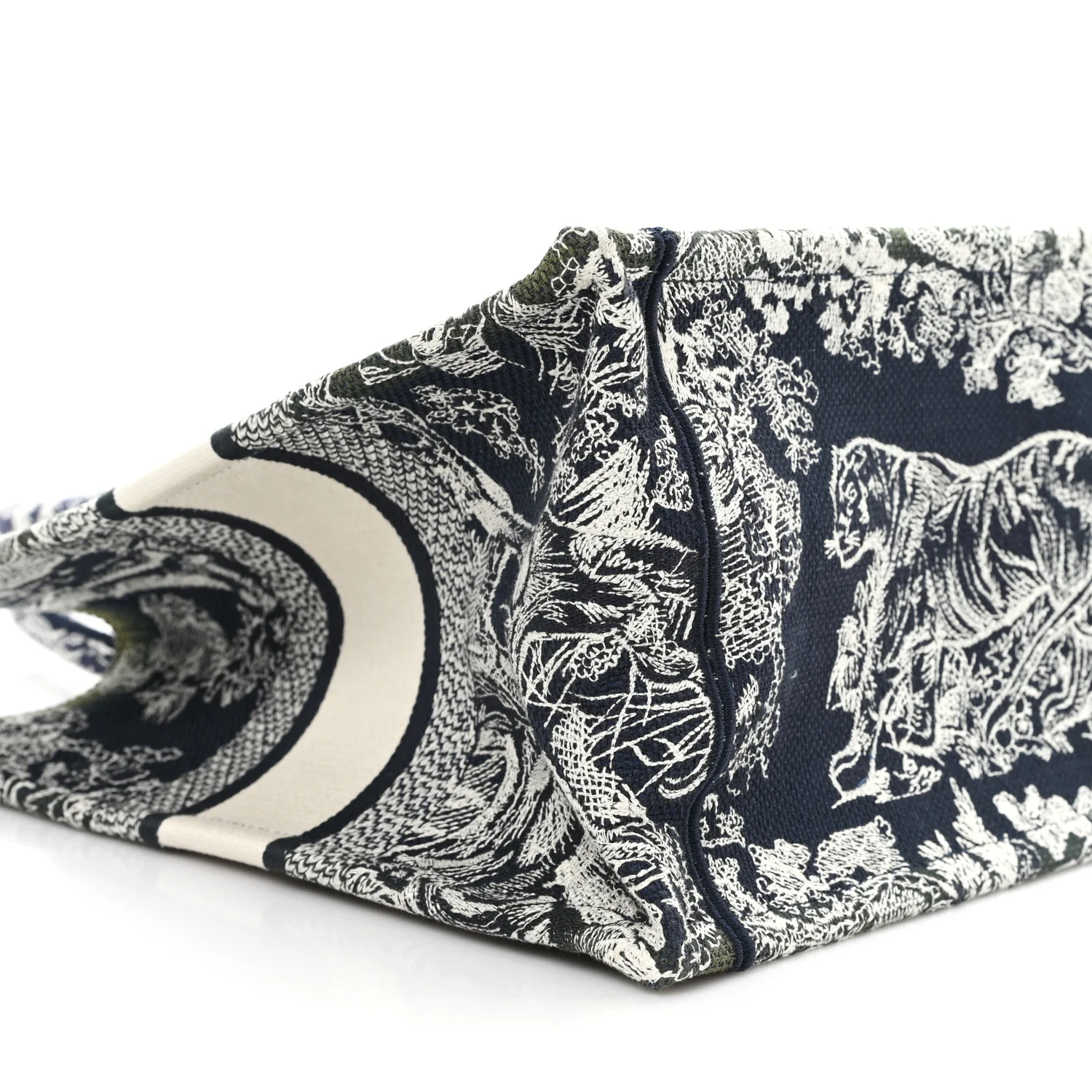Canvas Embroidered Medium Toile De Jouy Reverse Book Tote Blue Green - Image 9