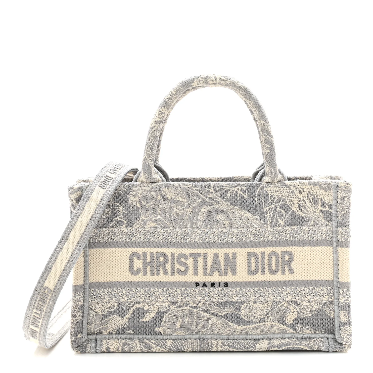 Canvas Embroidered Toile De Jouy Reverse Mini Book Tote With Strap Grey