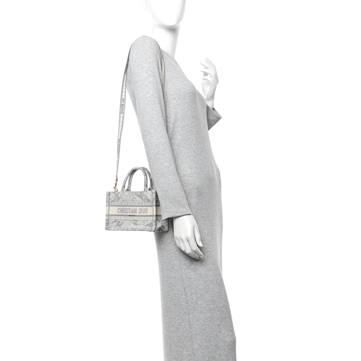Canvas Embroidered Toile De Jouy Reverse Mini Book Tote With Strap Grey - Image 2