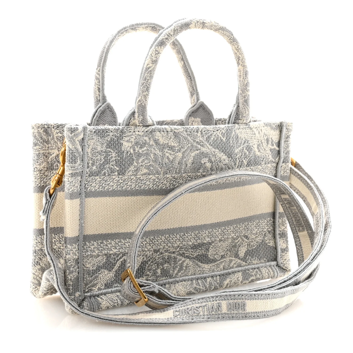 Canvas Embroidered Toile De Jouy Reverse Mini Book Tote With Strap Grey - Image 3