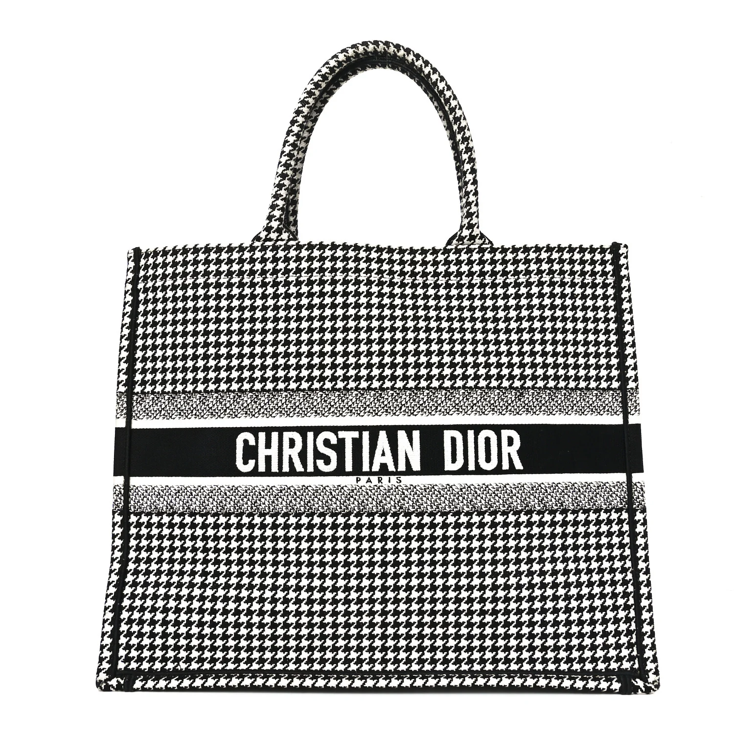Canvas Houndstooth Embroidered Book Tote Black White