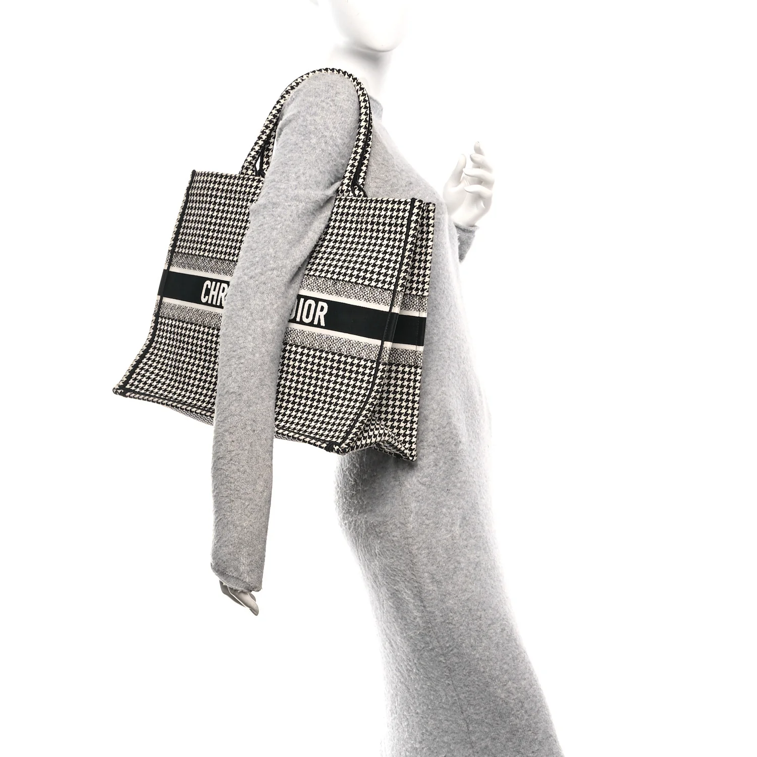 Canvas Houndstooth Embroidered Book Tote Black White - Image 2