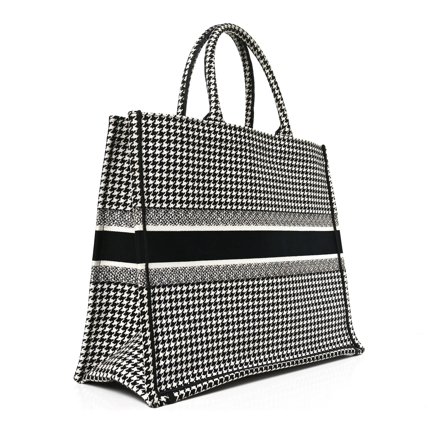 Canvas Houndstooth Embroidered Book Tote Black White - Image 3