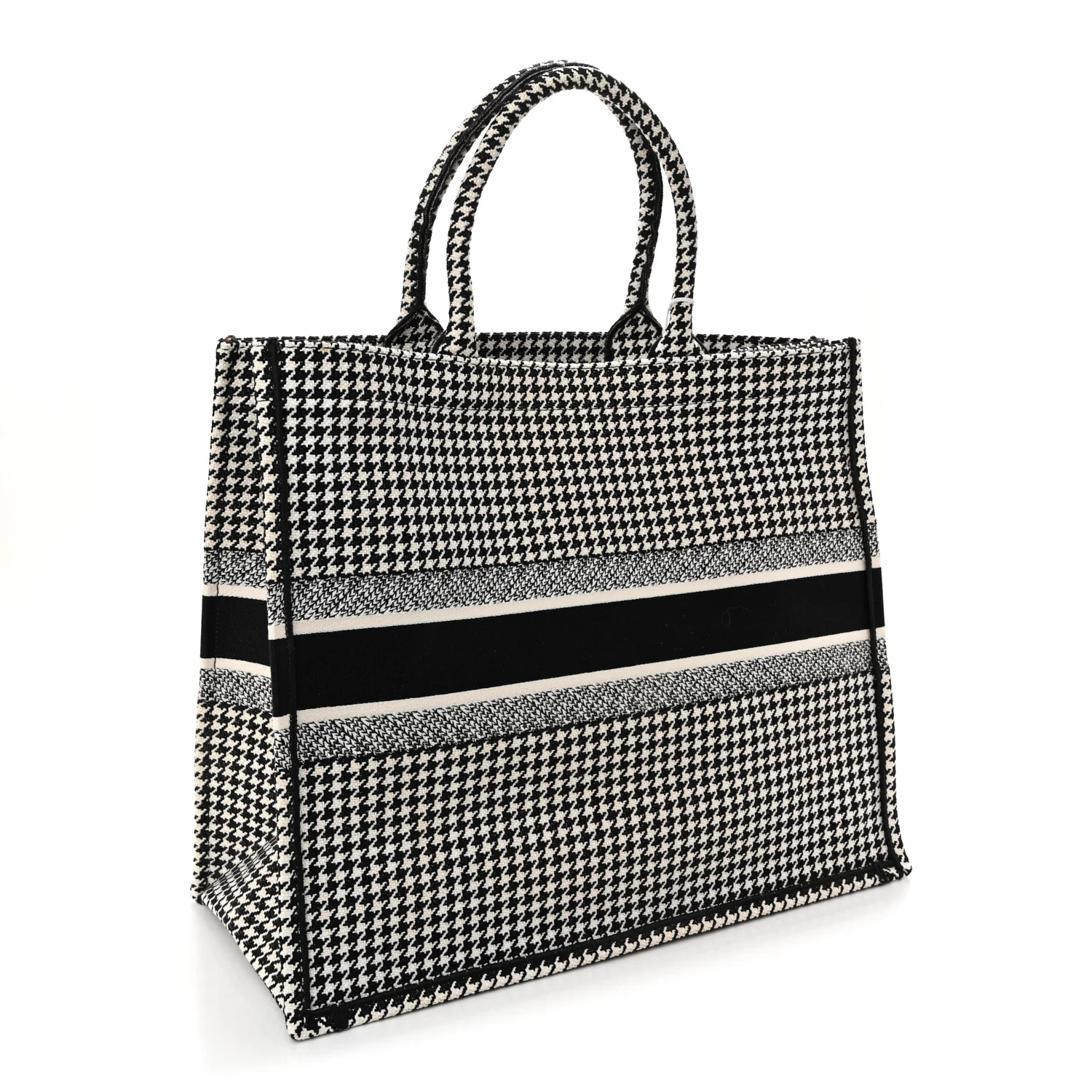 Canvas Houndstooth Embroidered Large Book Tote Black White - Image 3
