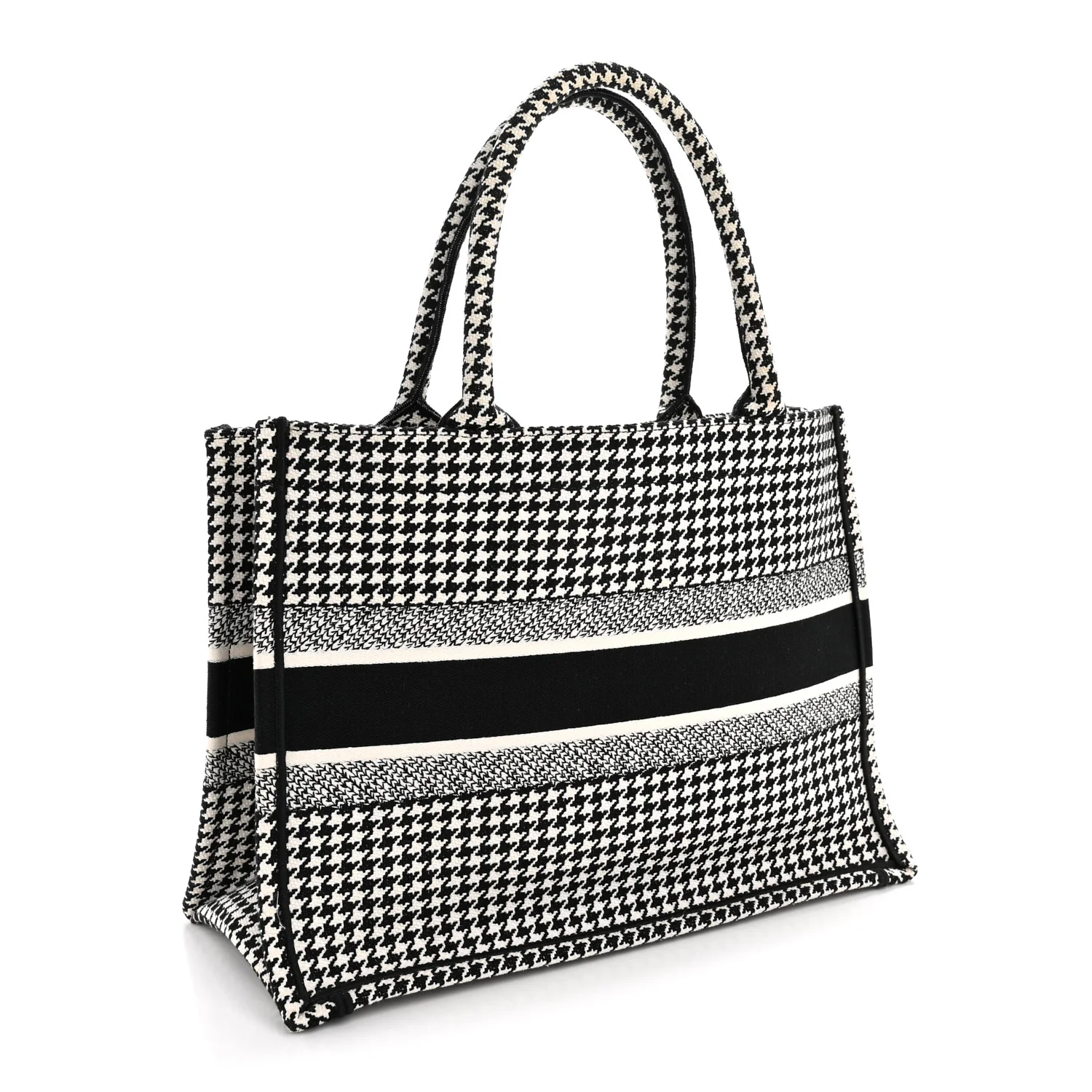 Canvas Houndstooth Embroidered Medium Book Tote Black White - Image 3
