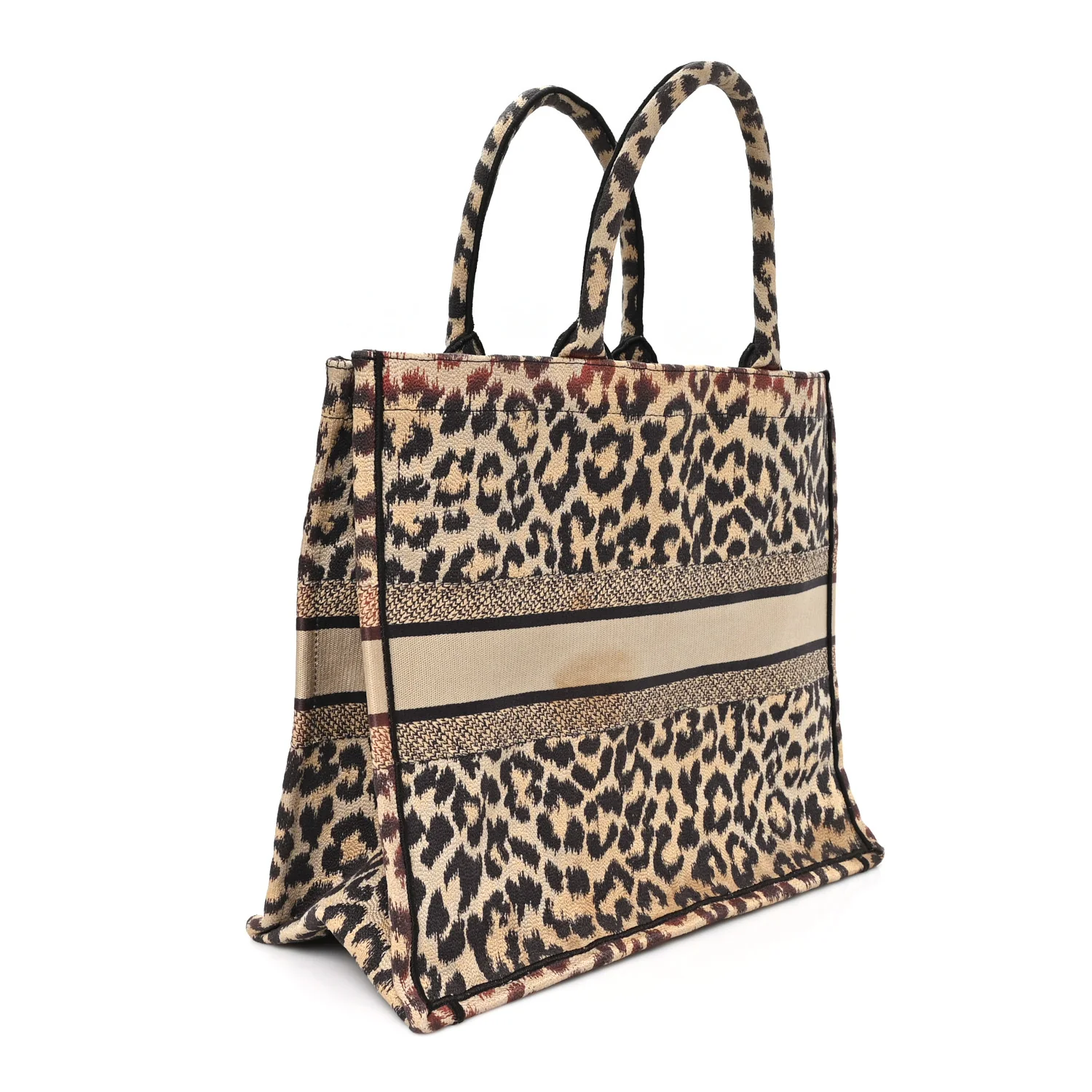 Canvas Mizza Embroidered Large Leopard Book Tote Beige - Image 2