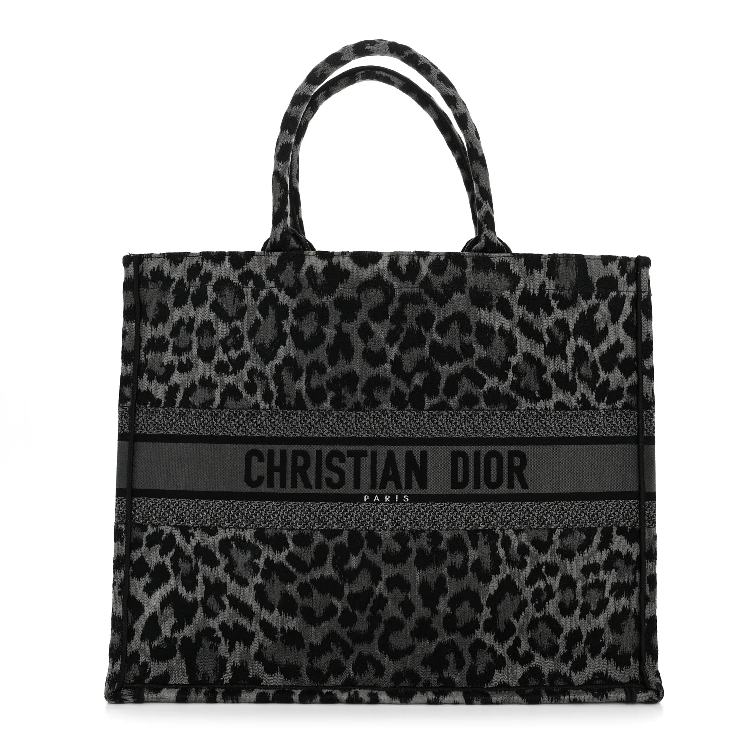 Canvas Mizza Embroidered Large Leopard Book Tote Grey