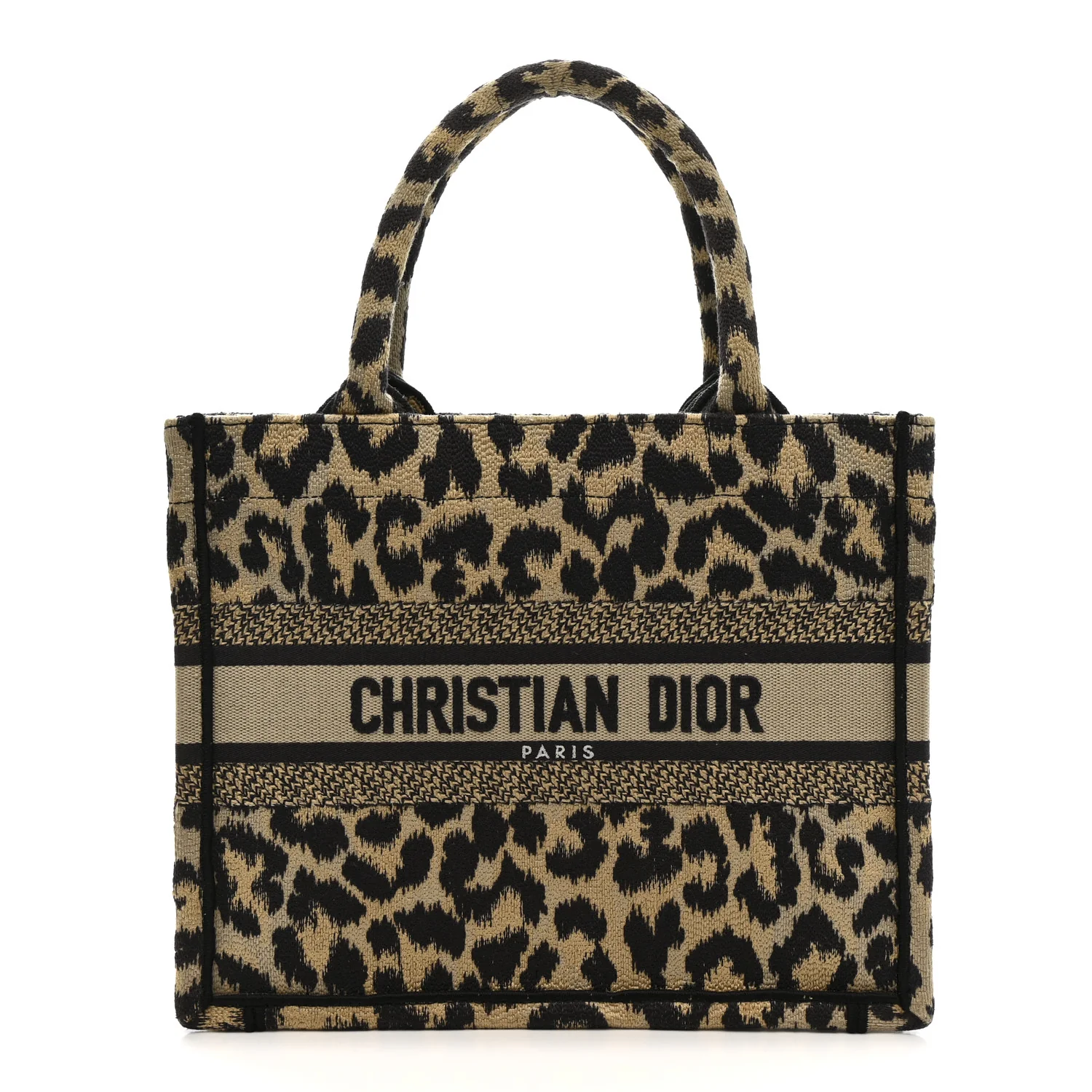 Canvas Mizza Embroidered Small Leopard Book Tote Beige