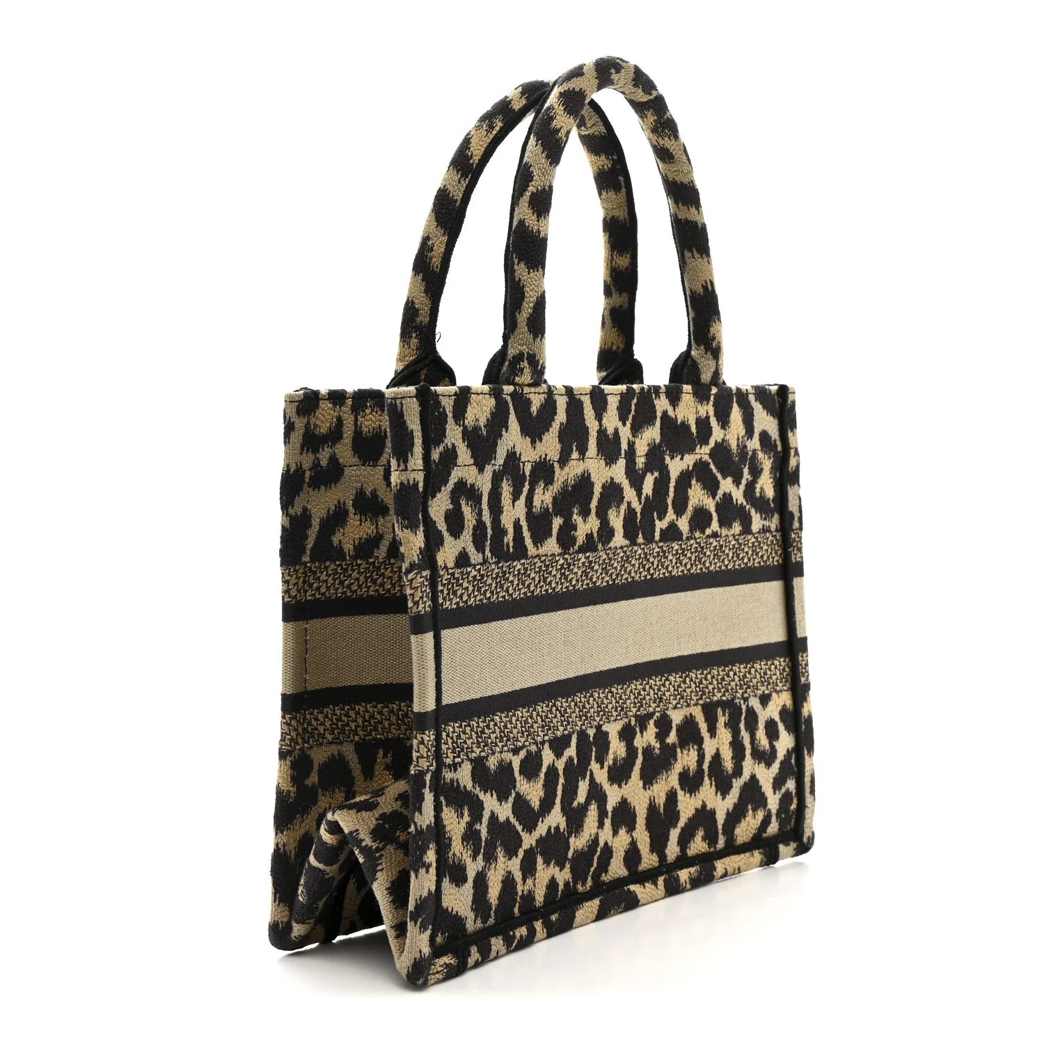 Canvas Mizza Embroidered Small Leopard Book Tote Beige - Image 3