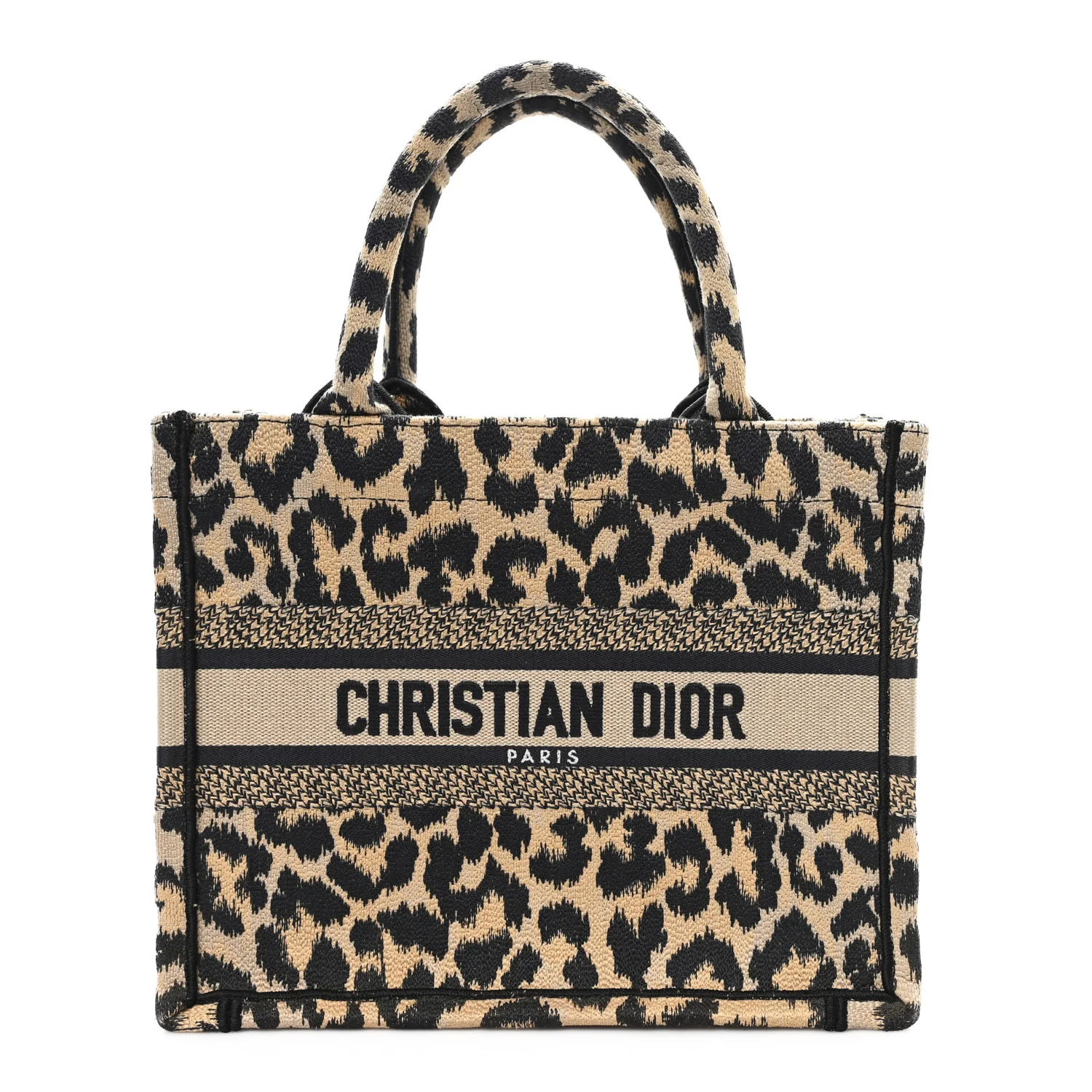 Canvas Mizza Embroidered Small Leopard Book Tote Beige