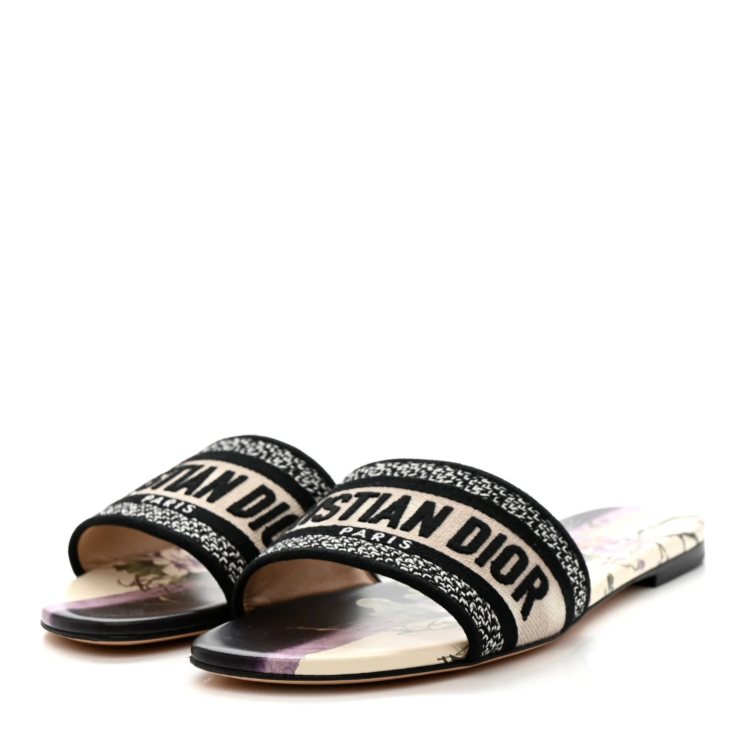 Canvas Pivoine Embroidered Dway Flat Slide Sandals 39.5 Off White Violet - Image 4