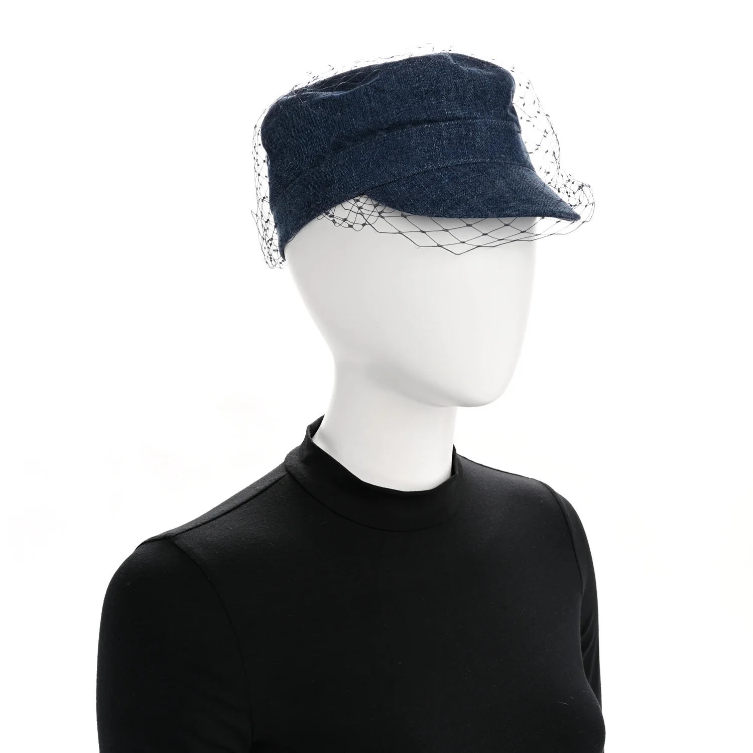 Cotton Denim Arty Beret Cap With Veil 57 Blue - Image 4