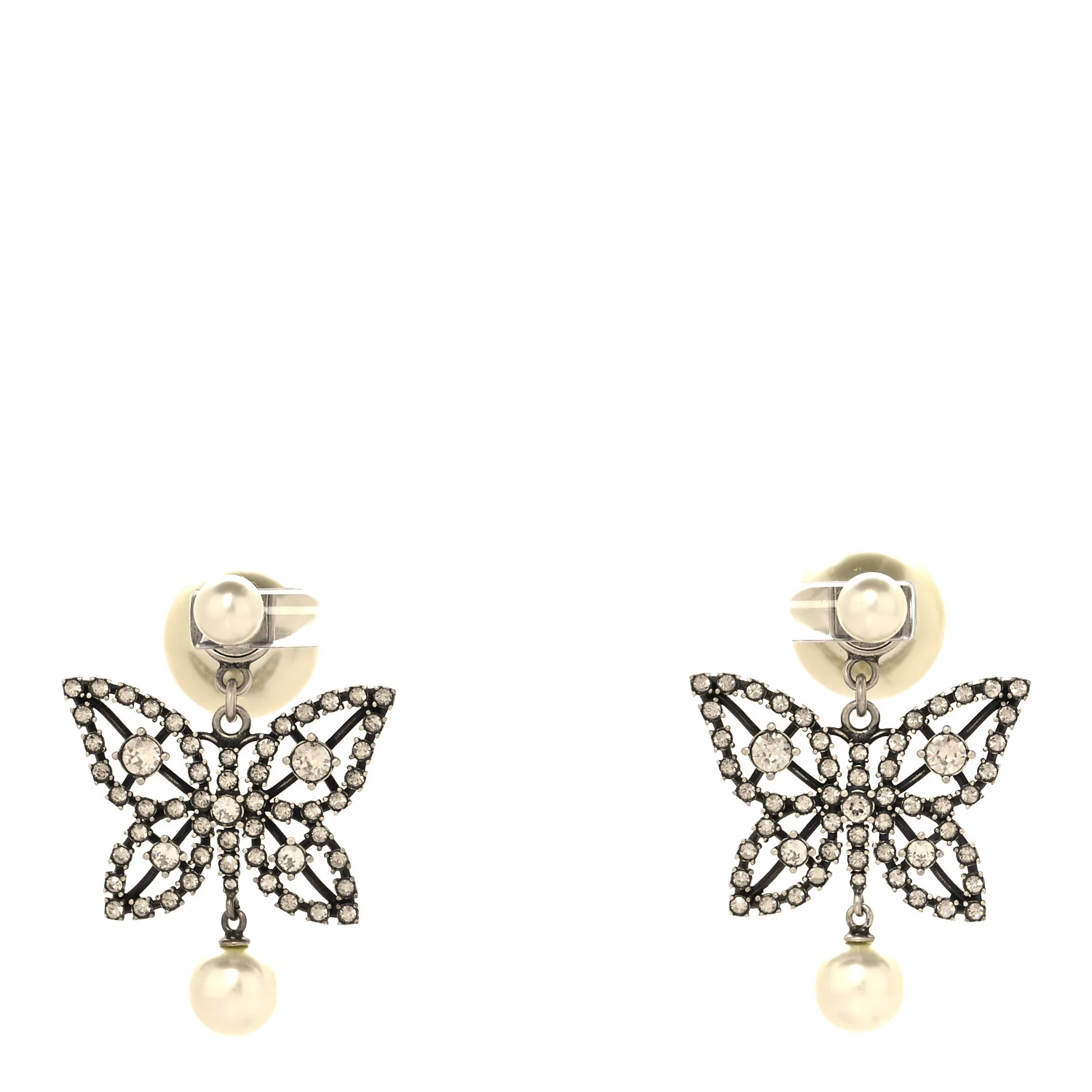 Crystal Pearl Butterfly Drop Earrings Silver - Image 2