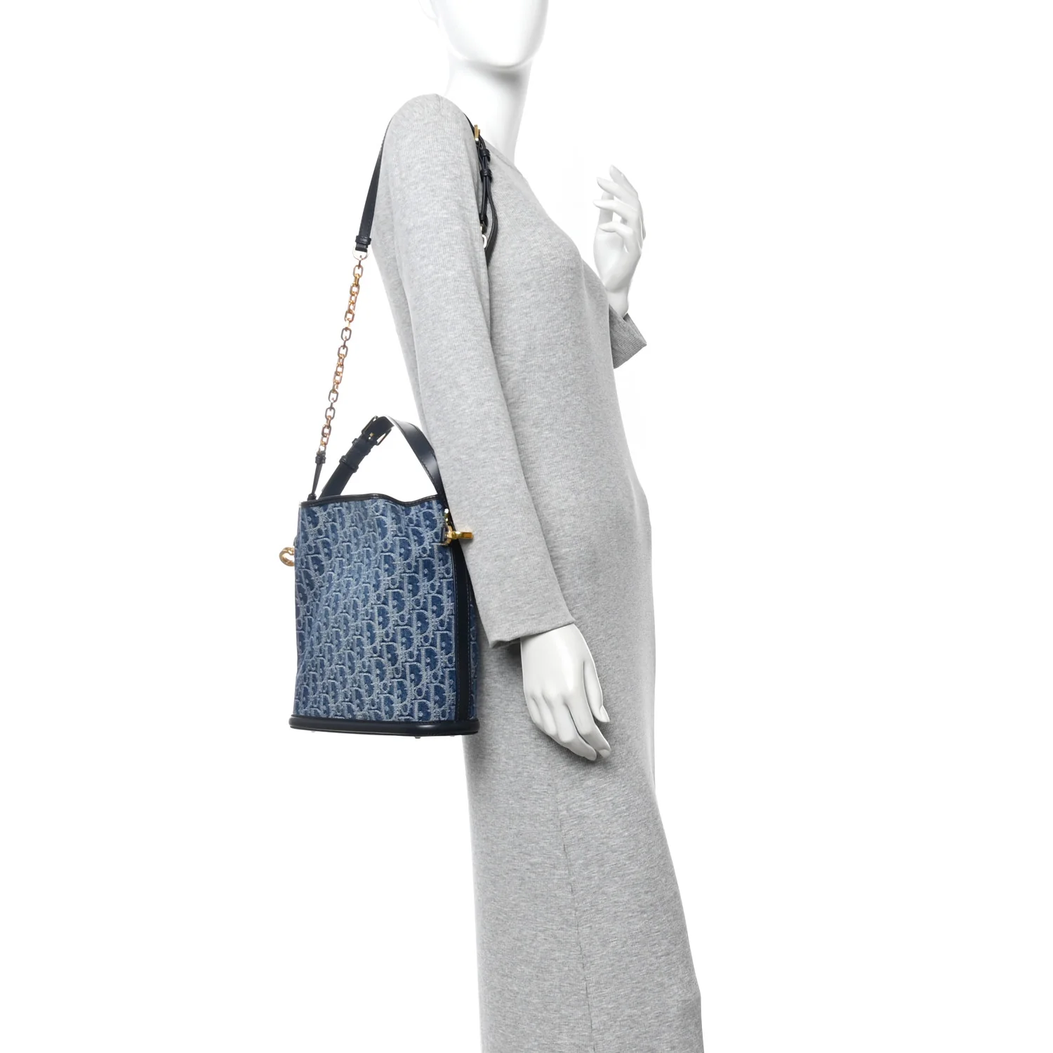 Denim Oblique Jacquard Medium C'est Chain Bucket Bag Denim Blue - Image 2
