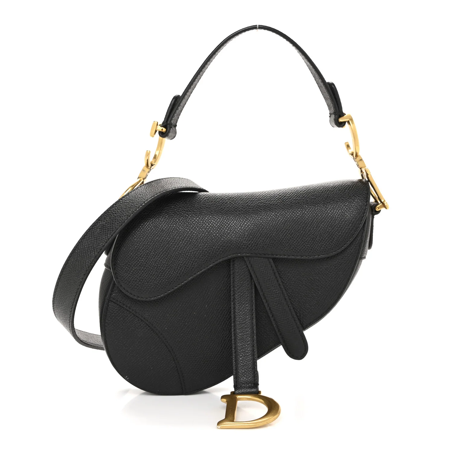 Grained Calfskin Mini Saddle Bag With Strap Black