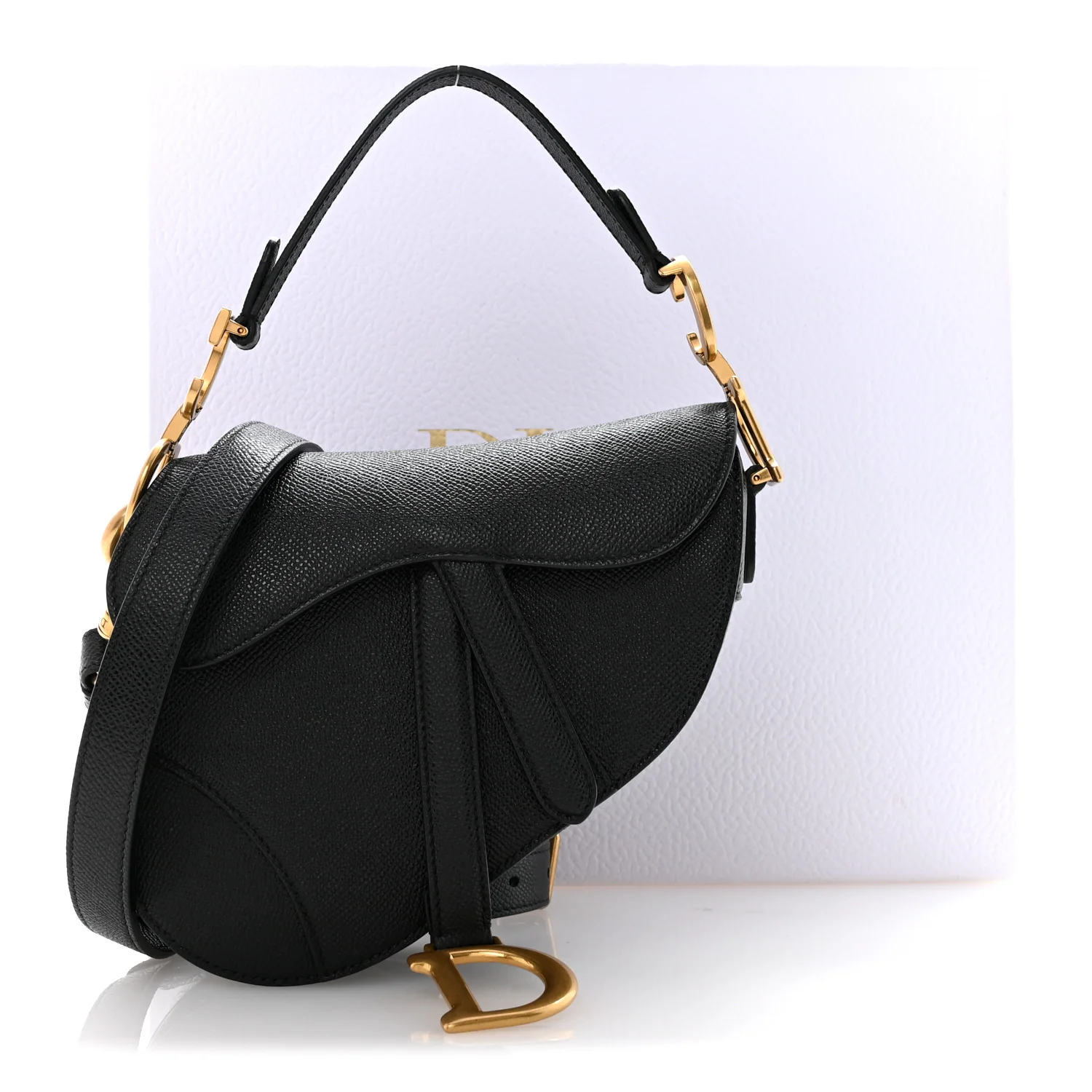 Grained Calfskin Mini Saddle Bag With Strap Black - Image 13