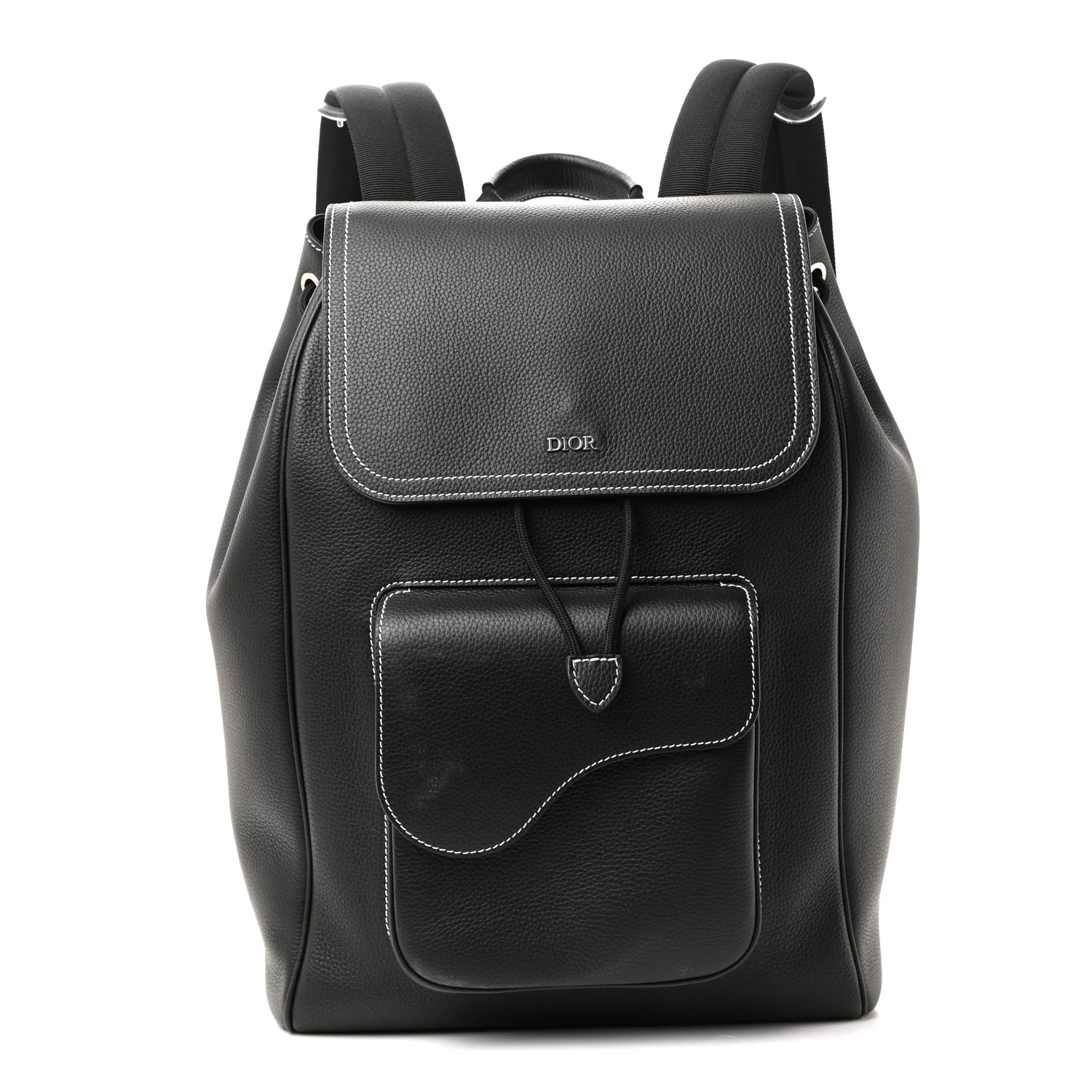 Grained Calfskin Saddle Drawstring Backpack Black - Image 3