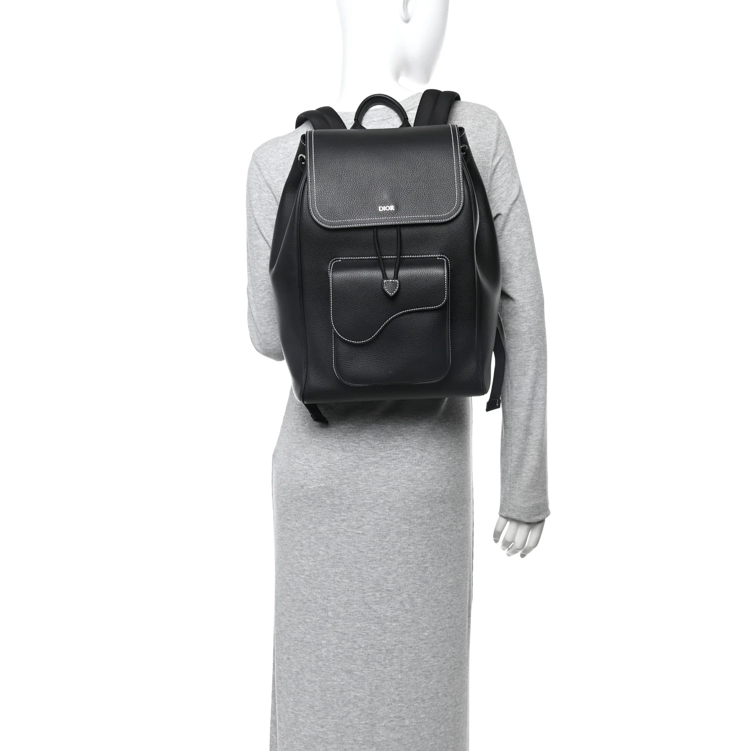 Grained Calfskin Saddle Drawstring Backpack Black - Image 4