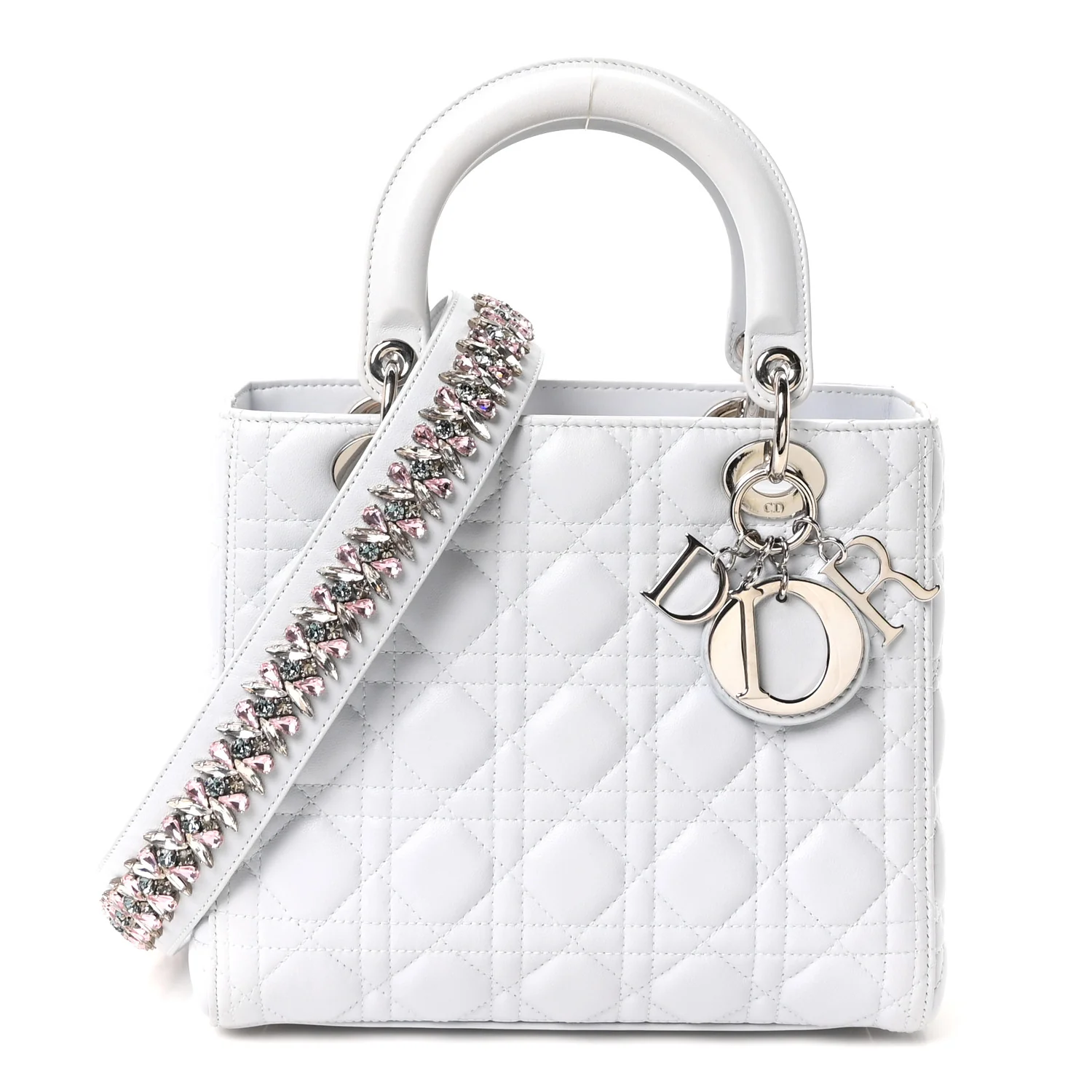 Lambskin Cannage Medium Lady Dior Crystal Strap Light Blue
