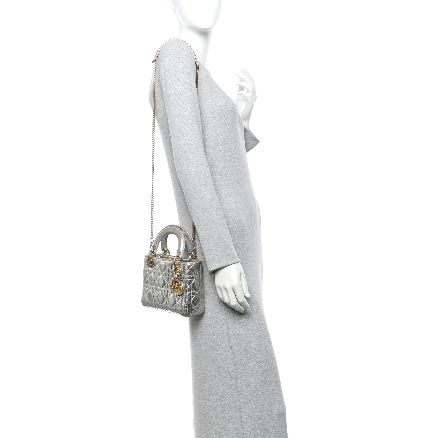 Metallic Crinkled Lambskin Cannage Mini Lady Dior Silver - Image 2