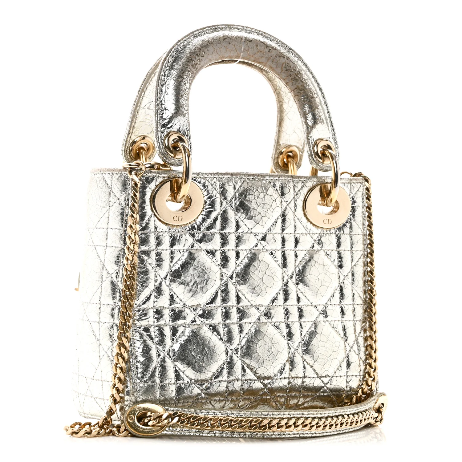 Metallic Crinkled Lambskin Cannage Mini Lady Dior Silver - Image 3