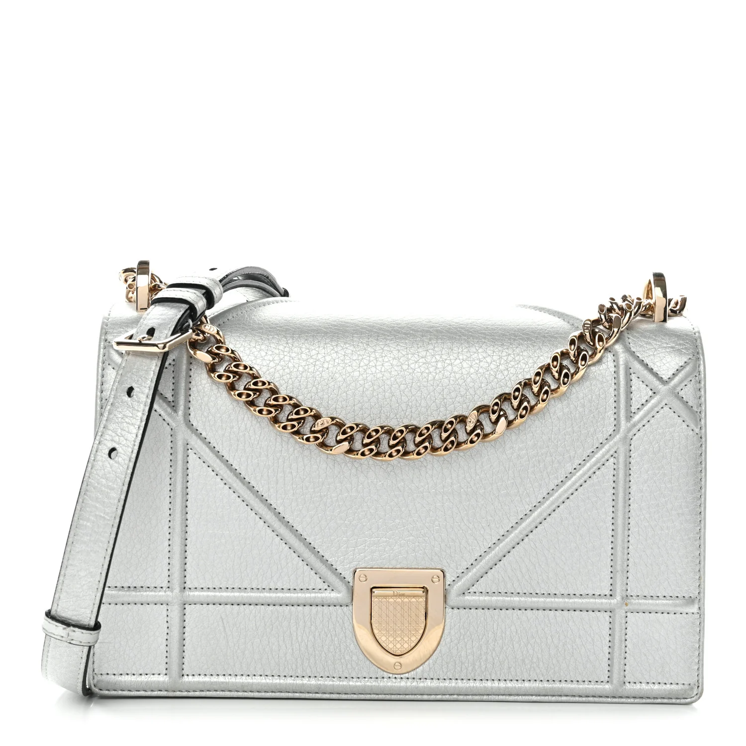 Metallic Grained Calfskin Medium Diorama Flap Bag Silver