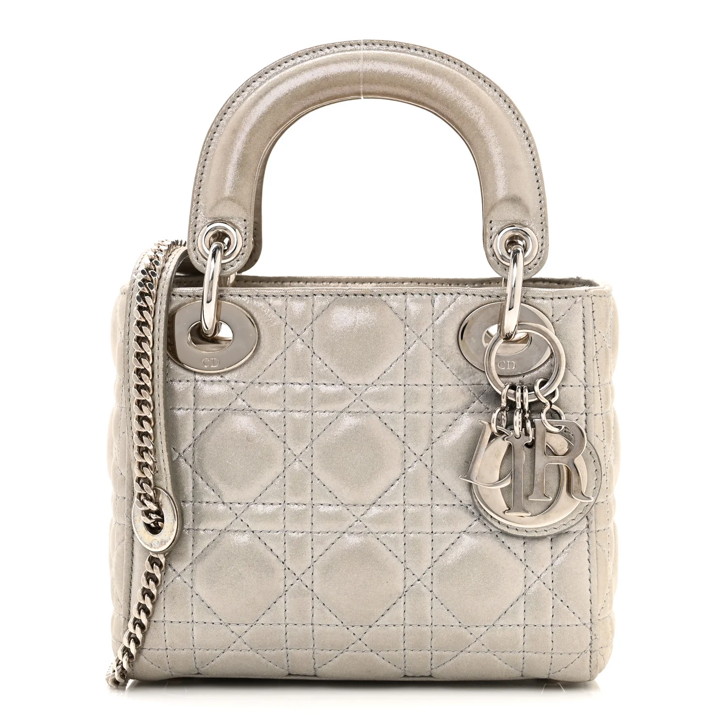 Metallic Lambskin Cannage Mini Lady Dior Silver