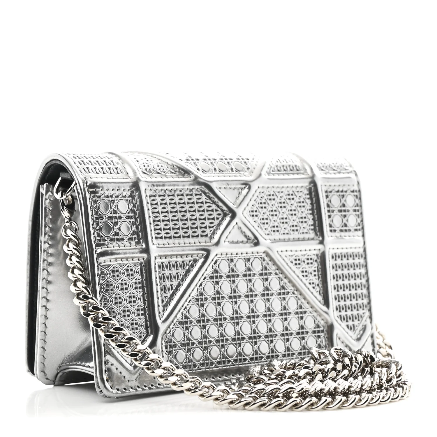 Metallic Patent Micro-Cannage Baby Diorama Flap Bag Silver - Image 3