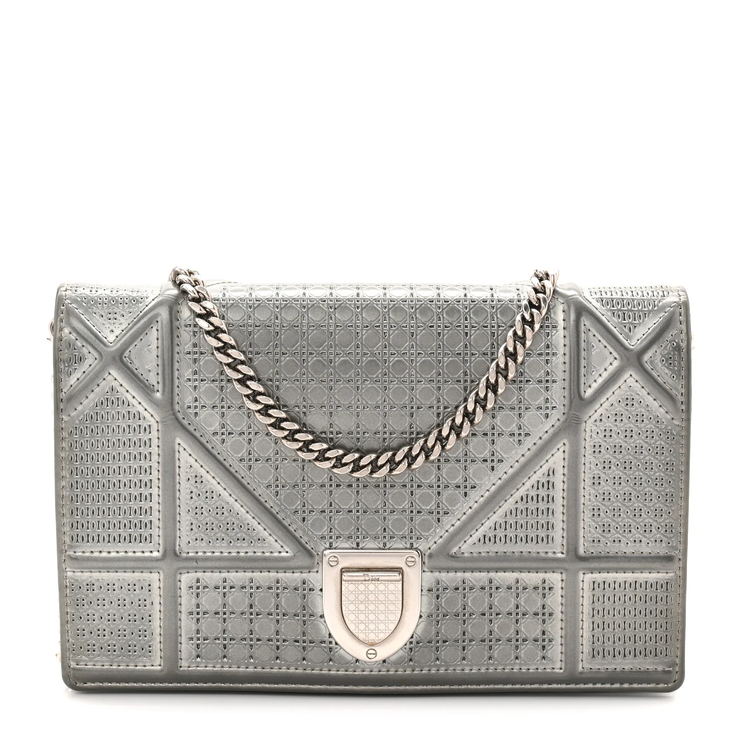 Metallic Patent Micro-Cannage Diorama Wallet on Chain Pouch Silver