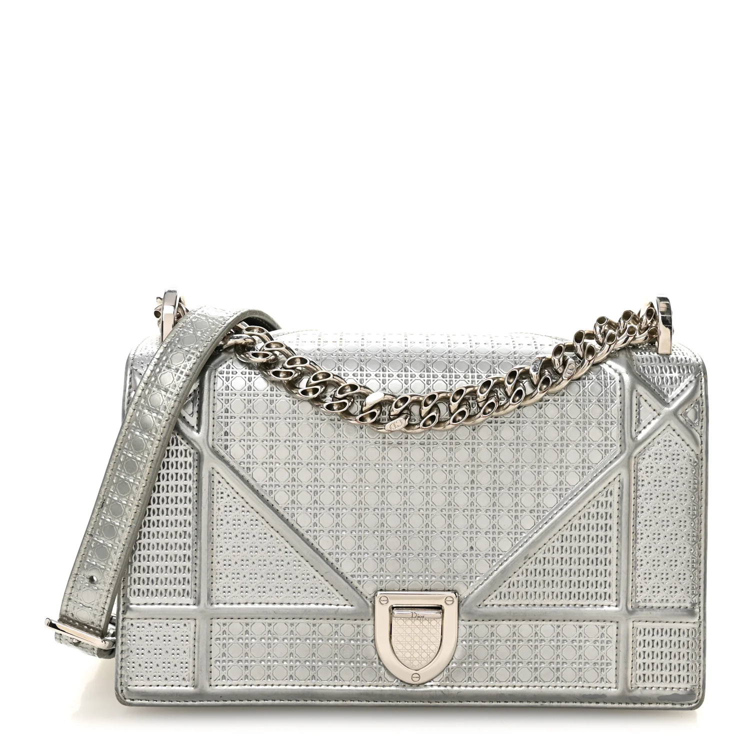 Metallic Patent Micro-Cannage Small Diorama Flap Bag Silver