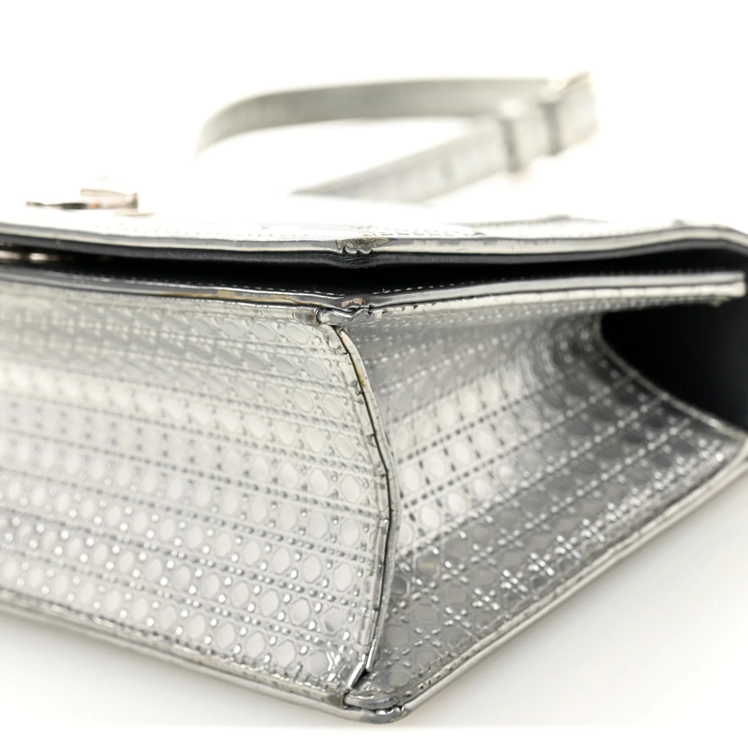 Metallic Patent Micro-Cannage Small Diorama Flap Bag Silver - Image 9