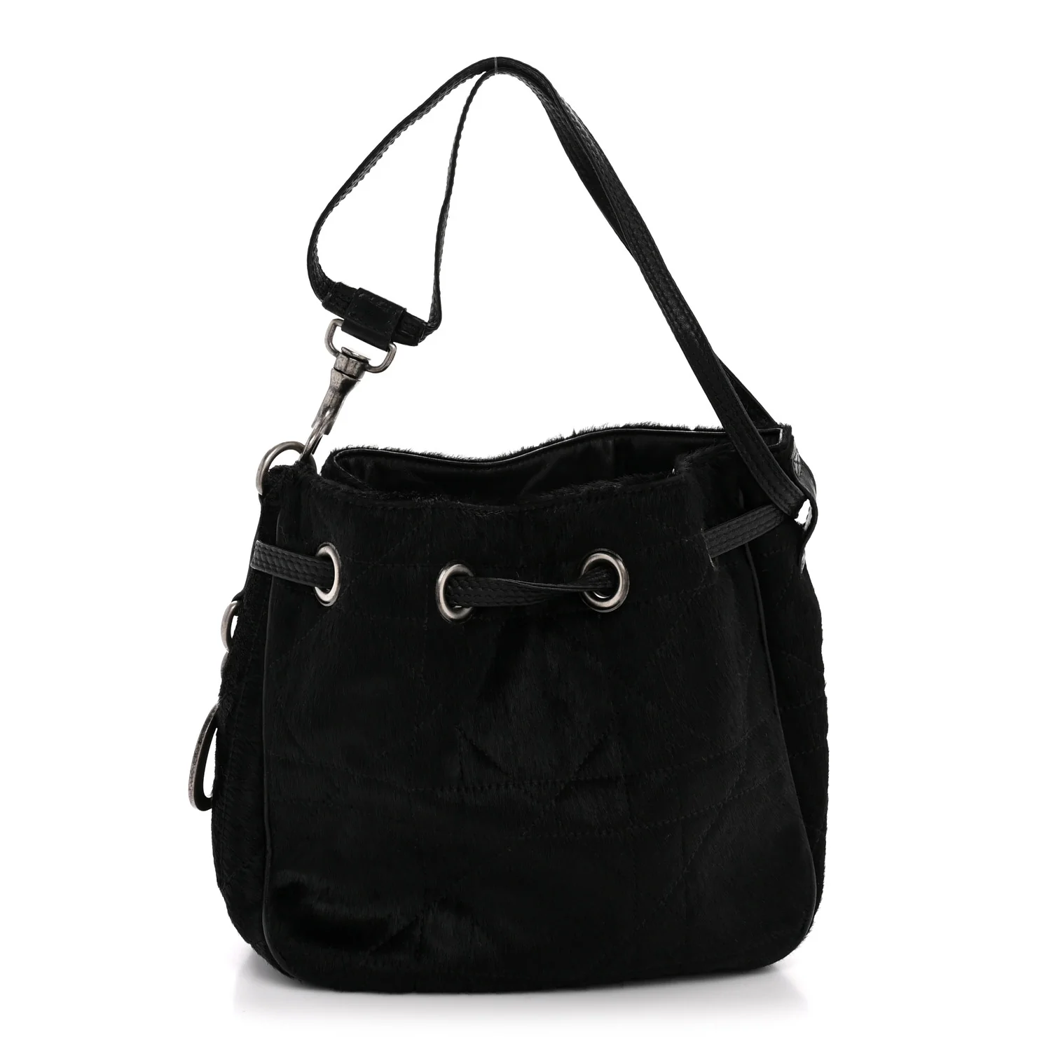 Pony Hair Cannage Drawstring Bag Black
