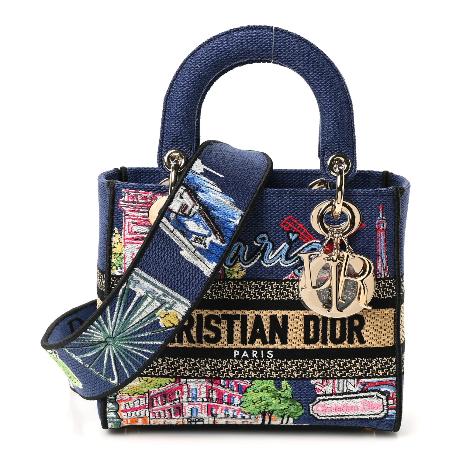 Raffia Embroidered Souvenir Paris Small Lady D-Lite Blue Multicolor