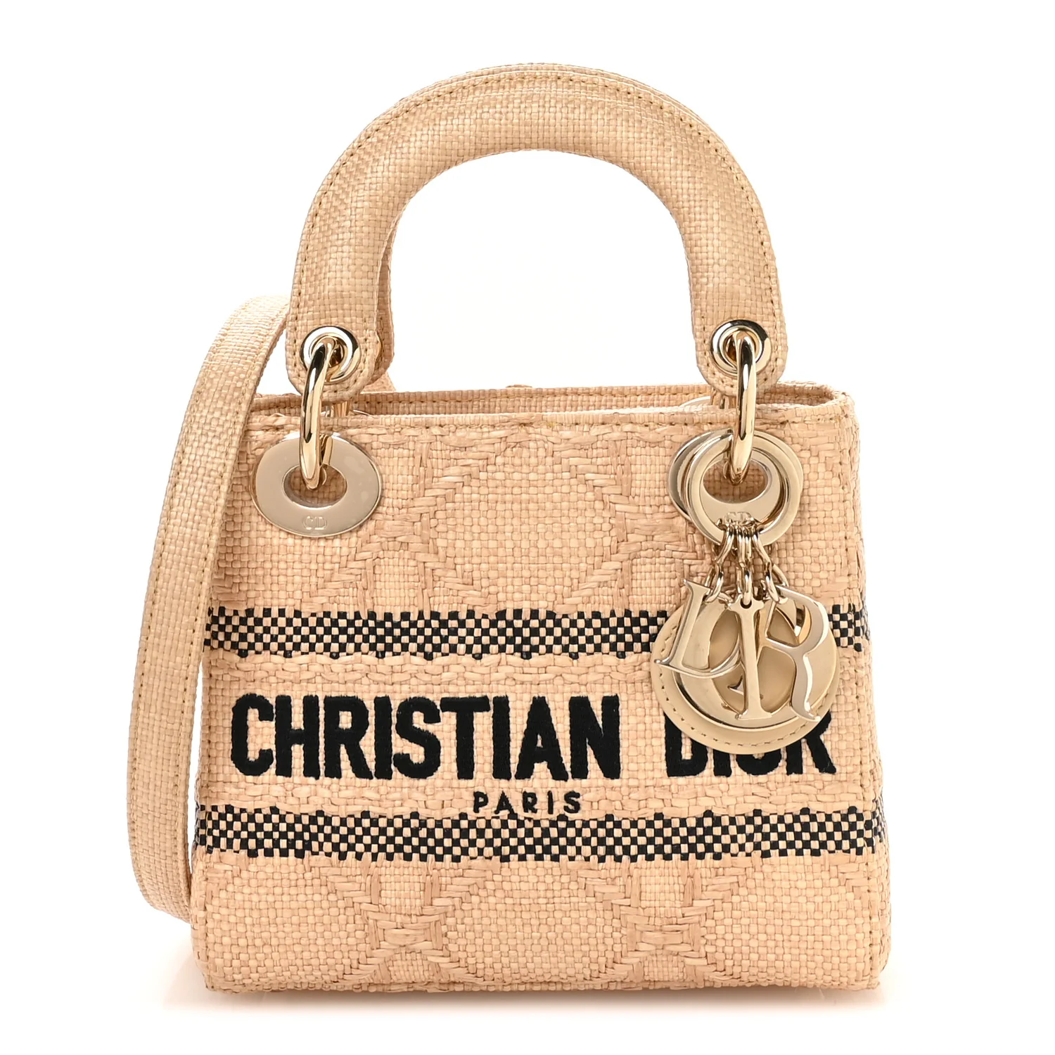 Raffia Woven Cannage Embroidered Mini Lady D-Lite Natural Black