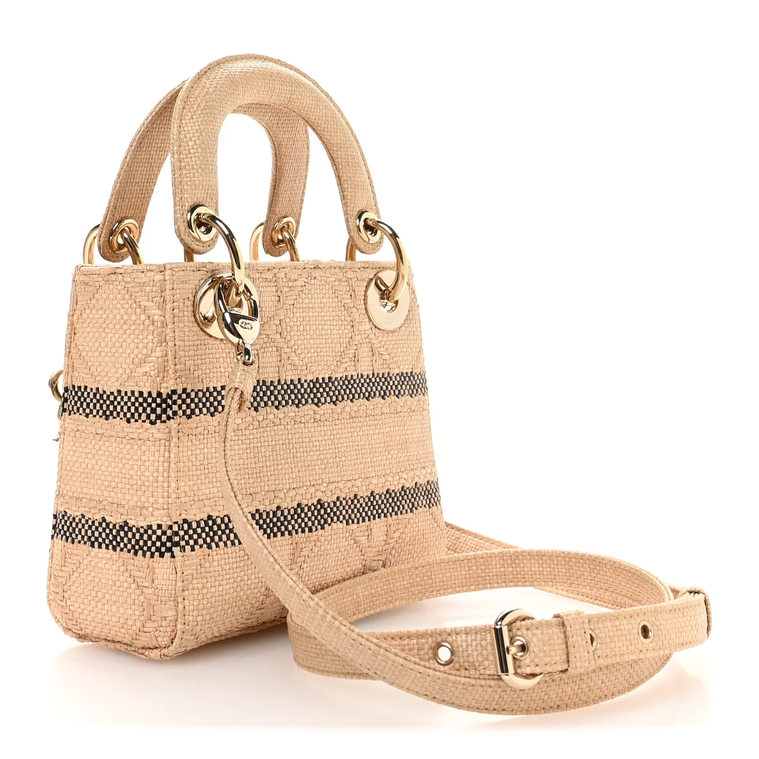Raffia Woven Cannage Embroidered Mini Lady D-Lite Natural Black - Image 3