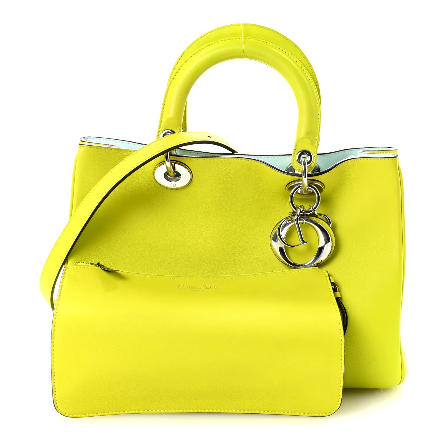 Smooth Calfskin Medium Diorissimo Tote Neon Yellow Light Blue - Image 3