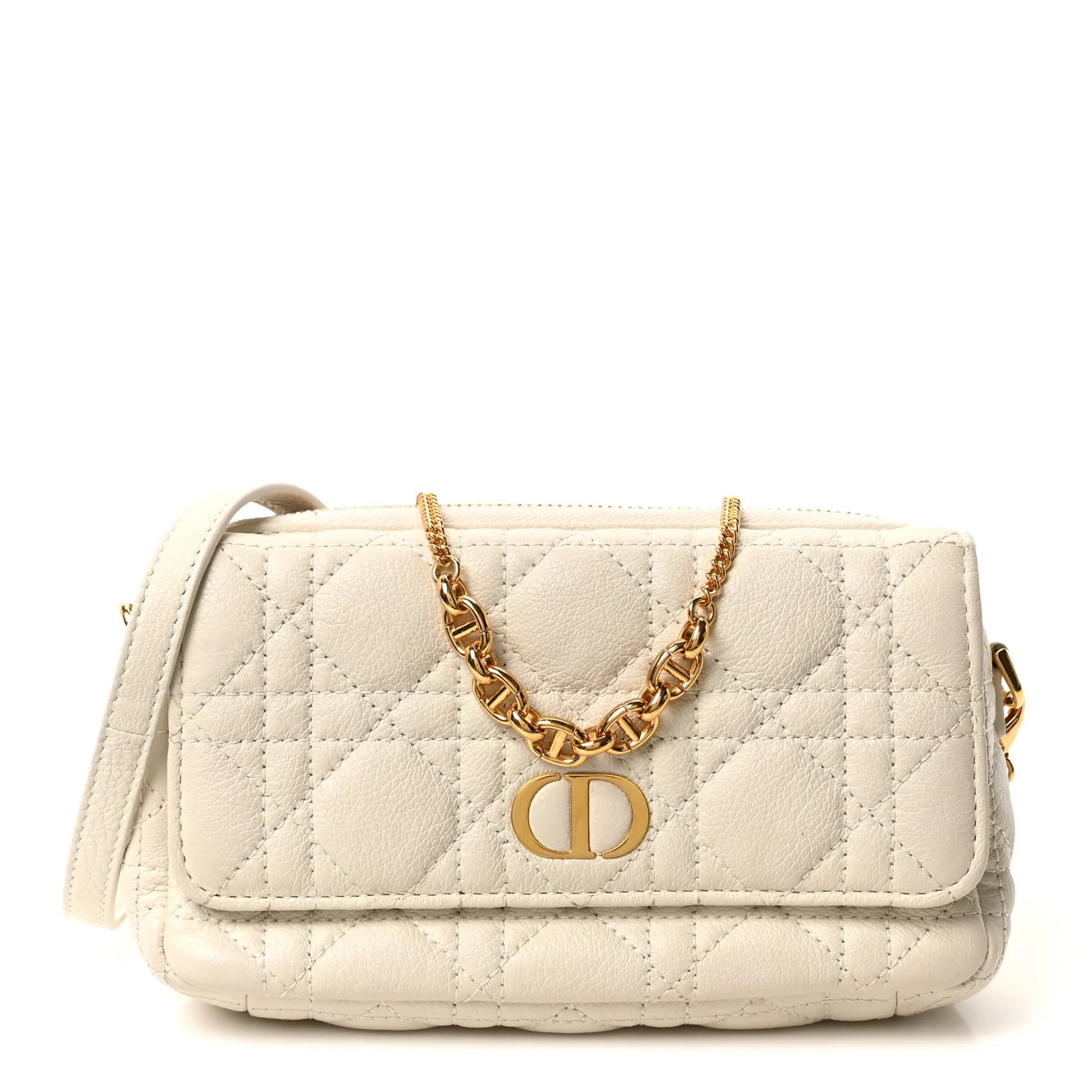 Supple Calfskin Cannage Caro Pouch with Chain Latte