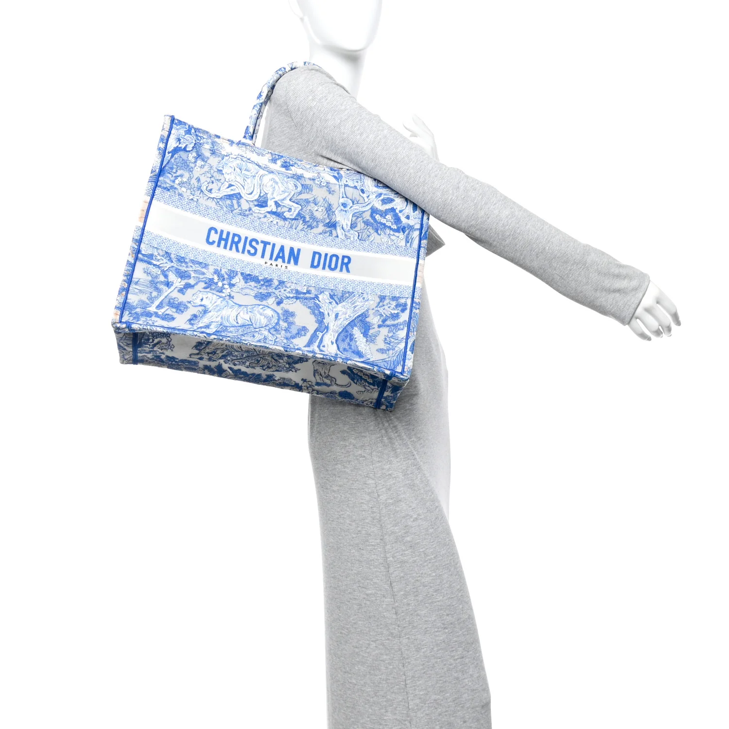Transparent Canvas Embroidered Large Toile De Jouy Reverse Book Tote Fluorescent Blue - Image 2