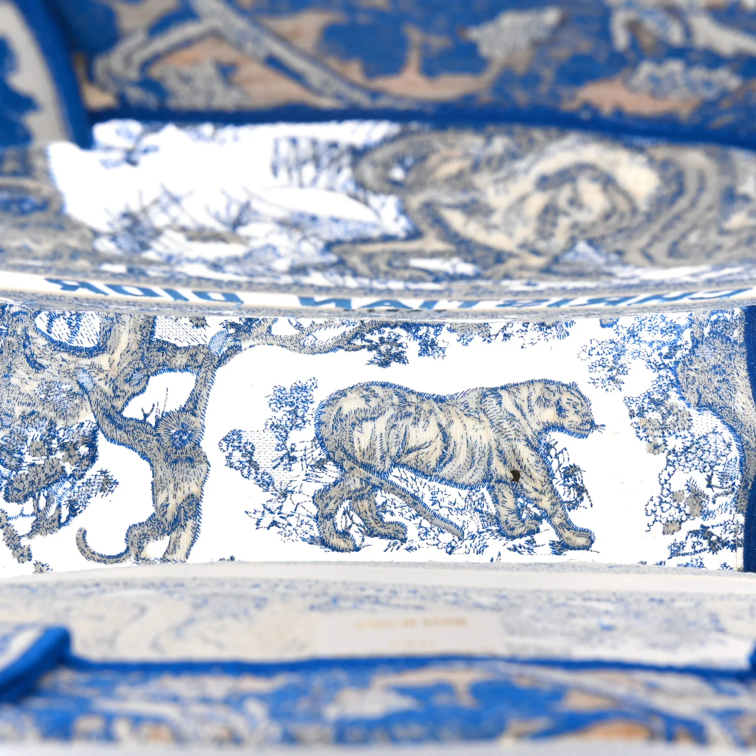 Transparent Canvas Embroidered Large Toile De Jouy Reverse Book Tote Fluorescent Blue - Image 5