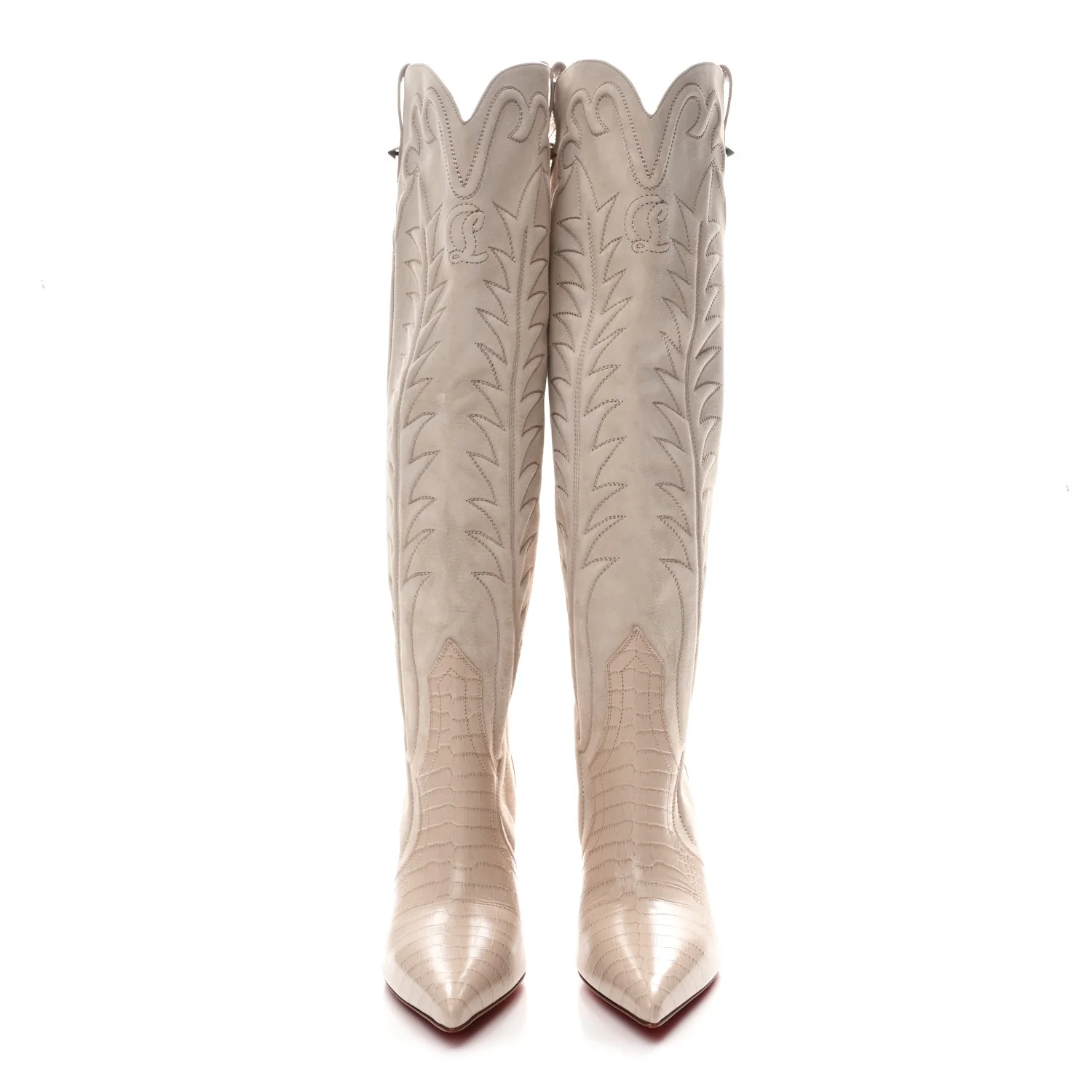 Calfskin Alligator Embossed Veau Velours Santia Botta 85 Tall Boots 40 Pearl - Image 2