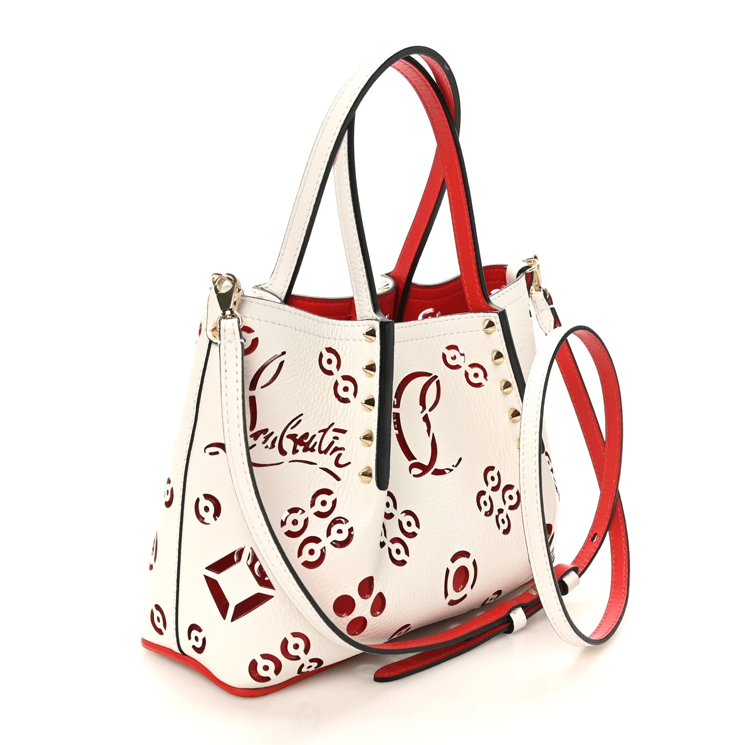 Calfskin Loubinthesky Mini Perforated Cabarock Spikes Tote White - Image 3
