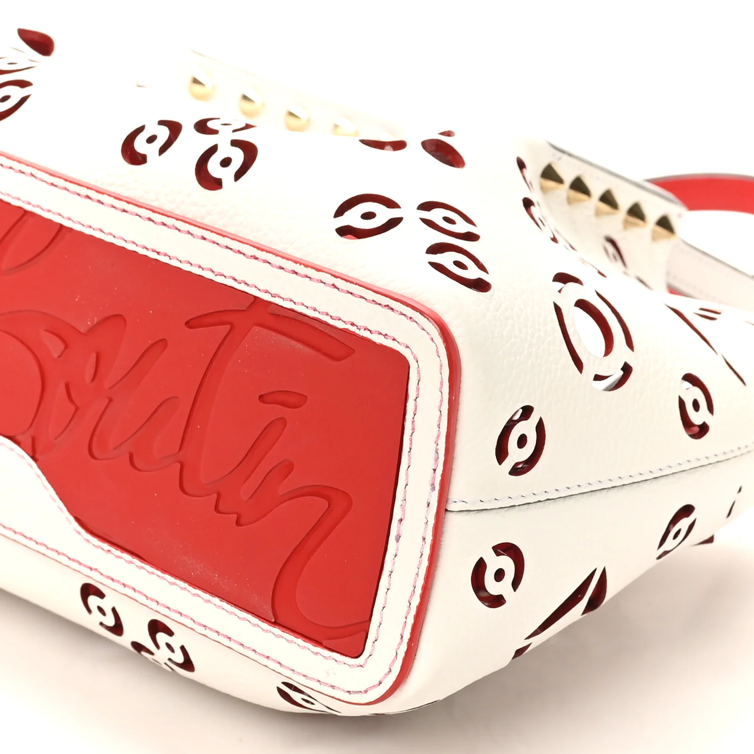 Calfskin Loubinthesky Mini Perforated Cabarock Spikes Tote White - Image 8